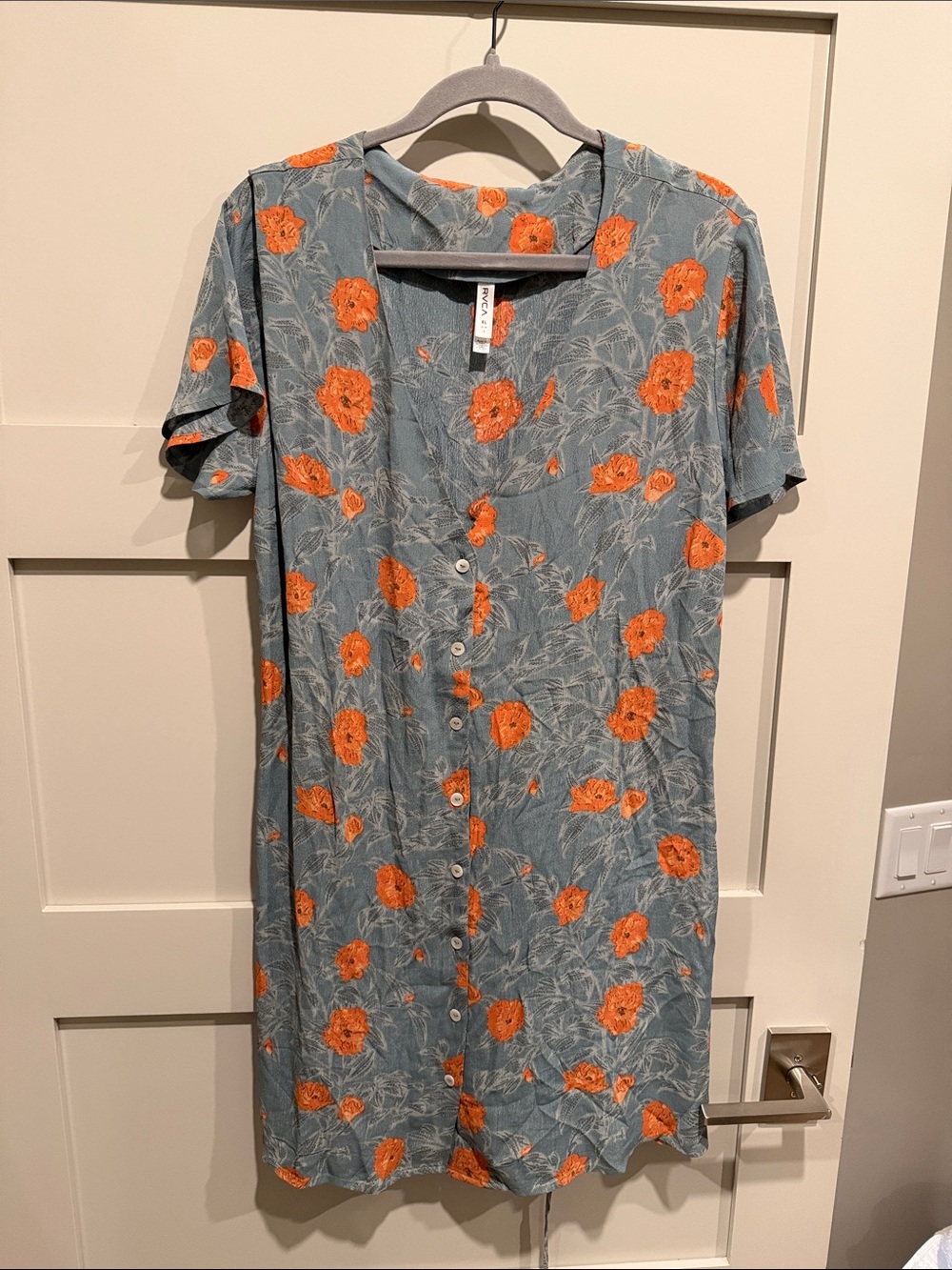 RVCA Blue and Orange Short, Button, Floral Dress with Tied back